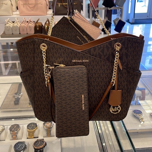 MICHAEL KORS LG X CHAIN SHOULDER TOTE &  JST Large Travel CONTINENTAL Wallet - Picture 15 of 16